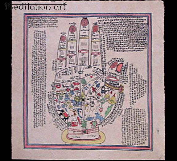 hand with sanskrit original hand colored print art