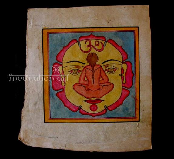 om lotus face hand colored print from india