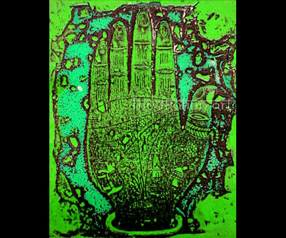small green hand original art lithograph